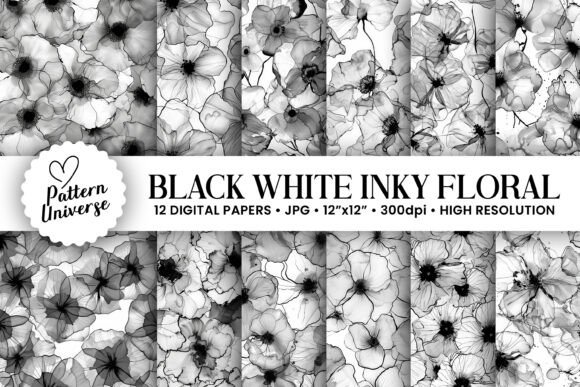 Black White Alcohol Ink Flower Papers