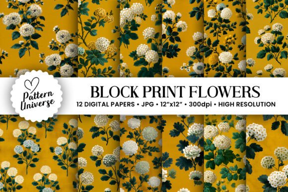 Block Print Flowers Digital Paper: 12 Seamless Patterns for Creative Projects