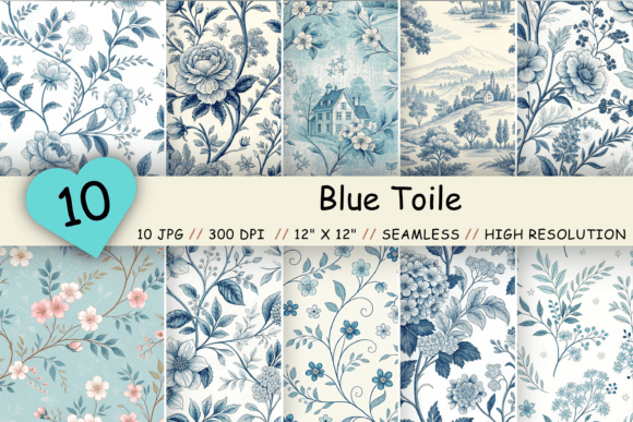Blue Toile Seamless Digital Paper Pack – 10 Elegant Flower Backgrounds for Creative Projects