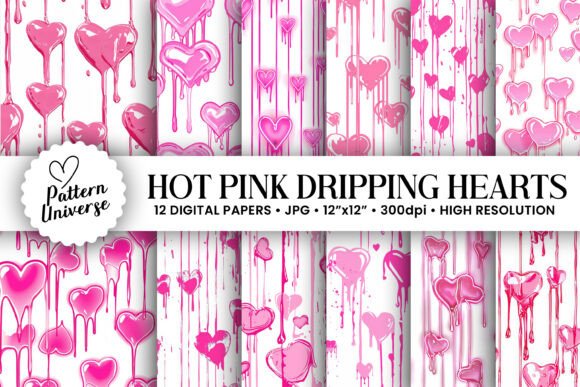 Hot Pink Dripping Hearts Digital Papers