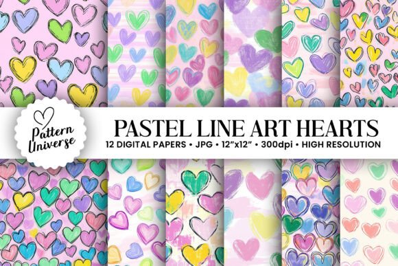 Pastel Line Art Hearts Digital Papers