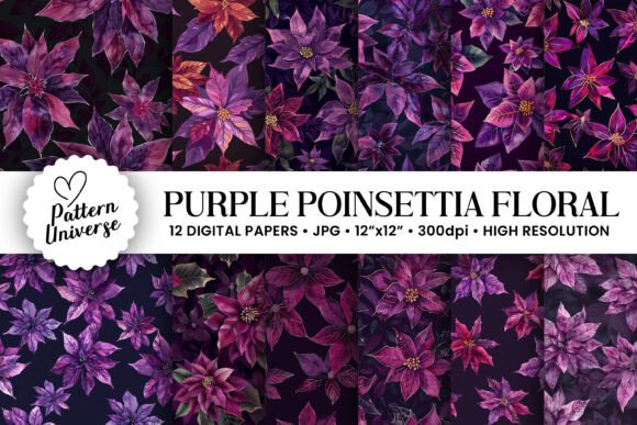 Purple Poinsettia Flowers Digital Papers for Creative Projects